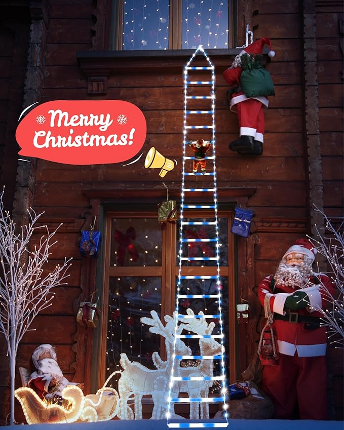 Toodour LED Christmas Lights - 10ft Christmas Decorative Ladder Lights with Santa Claus, Xmas Decorations Light for Indoor Outdoor, Window, Garden, Home, Wall, Xmas Tree Decor - White & Blue