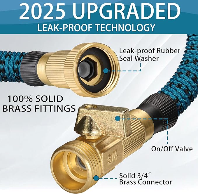 150 ft Expandable Garden Hose - Water Hose w/10 Function Spray Nozzle, Lightweight, No-Kink Flexible Hose with 3/4" Brass Fittings and 4-Layer Latex Core, 150ft Retractable Stretch Hose (Blue Black)