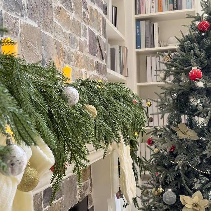 2Pcs 6FT Norfolk Pine Garlands Realistic, Real Touch Winter Xmas Garland, Christmas Decorations Indoor Outdoor, Artificial Holiday Decor Faux Greenery for Mantle, Fireplace, Table