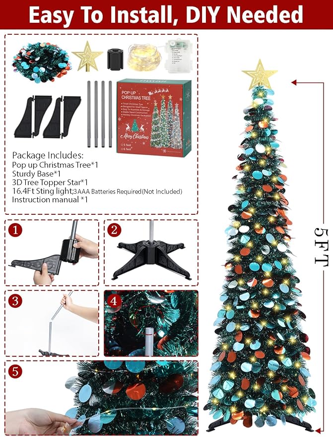 HMASYO 5 FT Pop Up Christmas Tree with Timer Lights, Blue Christmas Tinsel Tree, Collapsible Artificial Pencil Christmas Tree for Indoor Home Apartment Porch Holiday Party Decorations