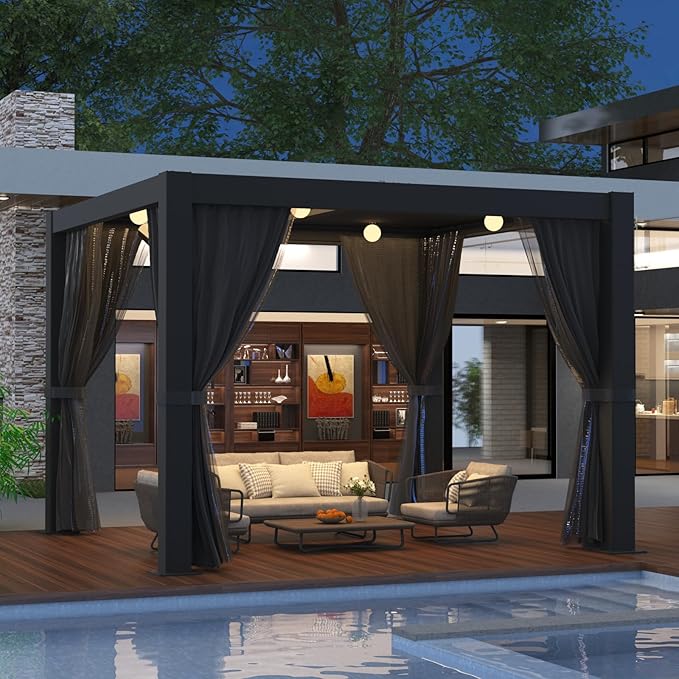 LVUYOYO Outdoor Louvered Pergola 10' x 10', Aluminum Pergola with Adjustable Roof, Waterproof Metal Gazebo with Curtains and Netting for Patio, Backyard, Garden, Deck (Black)