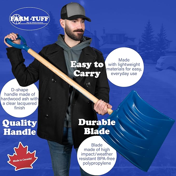 Farm-TUFF Heavy Duty Multi-Purpose Shovel - Snow, Barn, Grain, Industrial Use - Large Non-Stick Blade & Ash Hardwood D-Grip Handle - Durable & Lightweight Utility Scoop - Blue, 18in