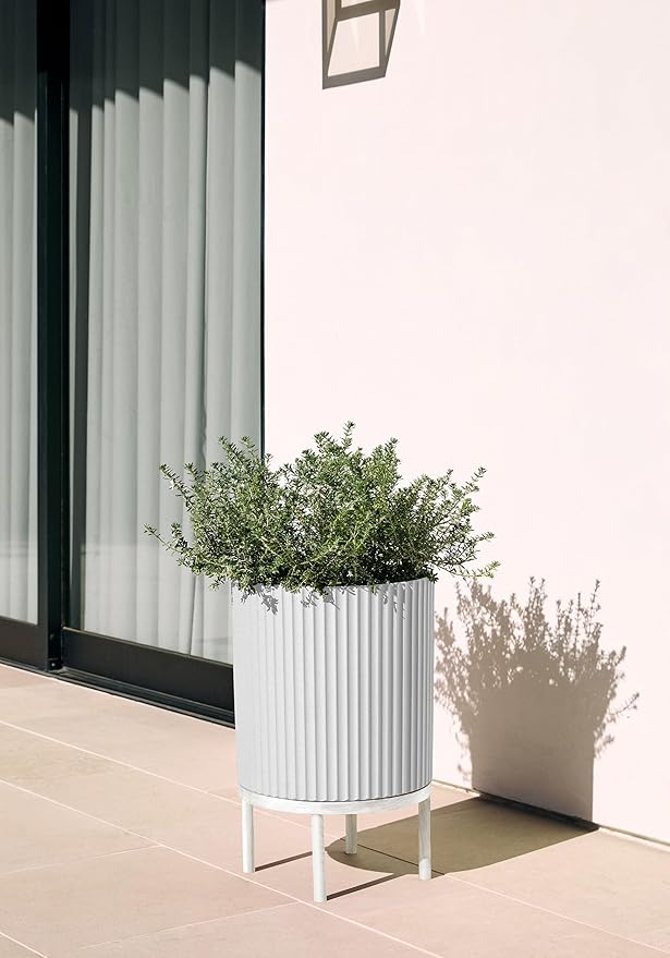 Veradek Demi Series Round Planter w/Stand for Porch/Patio | Durable Plastic-Stone Composite & Wooden Stand | Modern Décor for Tall Plants, Flowers