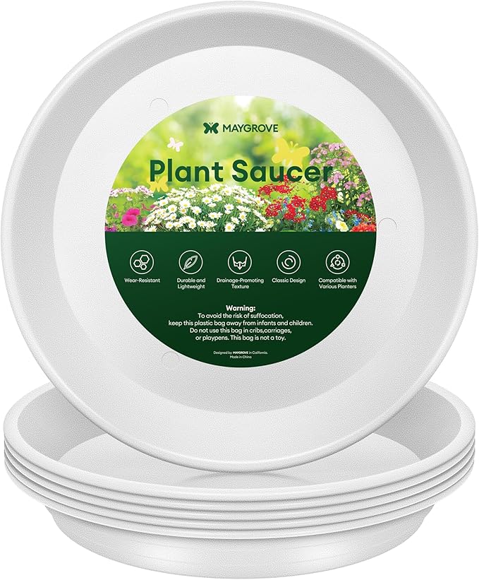 6 Pack Plant Saucer, 8 10 12 inch Plant Saucers for indoor, Heavy Duty Plastic Plant trays for pots, Grow Bags, Bird Baths, Flower Drip Trays for Indoor and Outdoor Uses (10", White)