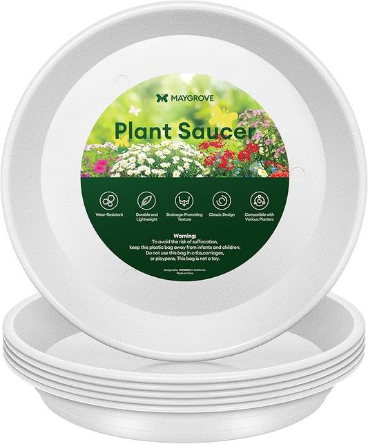 6 Pack Plant Saucer, 8 10 12 inch Plant Saucers for indoor, Heavy Duty Plastic Plant trays for pots, Grow Bags, Bird Baths, Flower Drip Trays for Indoor and Outdoor Uses (10", White)