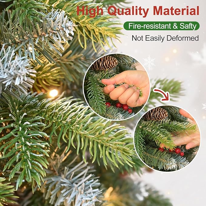 8Ft Pre-Lit Artificial Christmas Tree Fully Pre-Decorated with 2850 Flocked Frosted Tips, 91 Berries, 91 Pine Cones, 600 Lights, Realistic Xmas Tree with Metal Hinges& Floded Stand