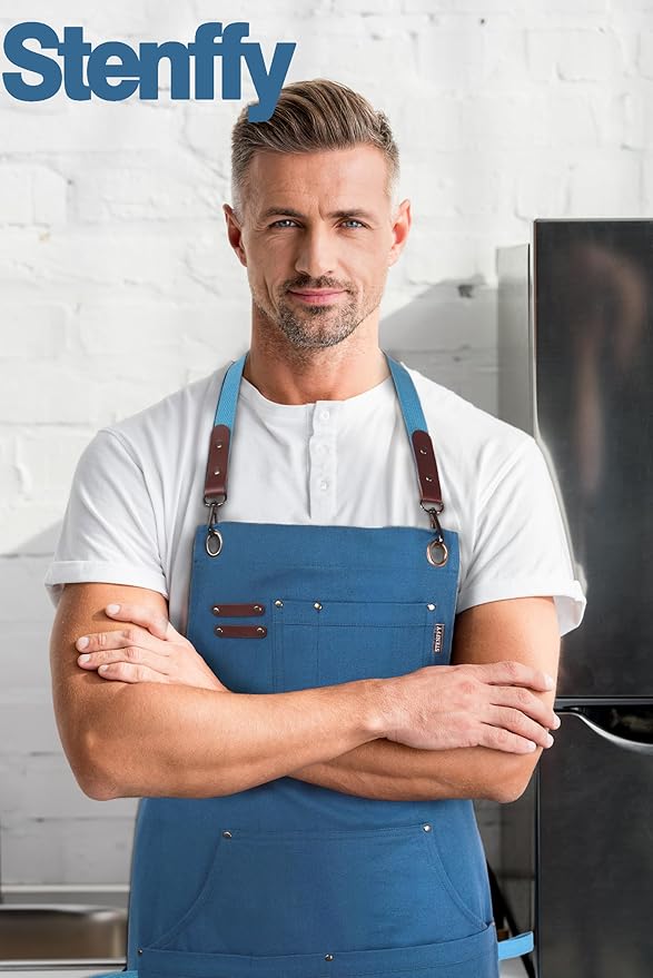 Kitchen Apron, Work Apron, Canvas, Multiple Pockets, Gardening, Painting, BBQ, Artist, Carpenter, Sizes M to XXL, Blue