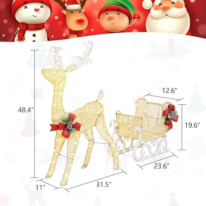 Vongrasig 4FT Lighted Christmas Reindeer & Sleigh Outdoor Yard Decoration Set W/ 205 LED Lights & 8 Ground Stakes, Zip Ties, Artificial Xmas Lighted Holiday Decor for Indoor and Outdoor(Gold)
