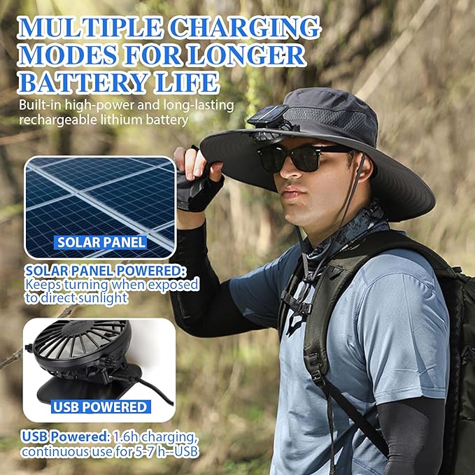 Wide Brim Sun Hat with Fan - Solar Fan Hat, Hat with Solar Fans Built in, Large Fishing Hat with Fans for Men, for Outdoor Hiking Camping Fishing Garden, Dark Gray Camouflage