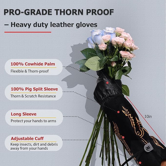 Gardening Gloves Thorn Proof for Rose Pruning & Cactus Trimming, Cowboy Western Style Long Leather Garden Gloves for Women & Men (Western Style, Large)