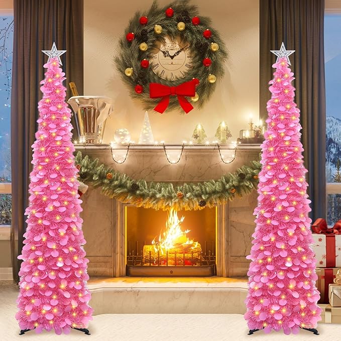HMASYO 6 FT Pop Up Christmas Tree with 100 LED Lights & Remote, Hot Pink Christmas Tinsel Tree, Collapsible Artificial Pencil Tree for Home Office Party Decor, USB Powered Timer Lights, Easy Assembly