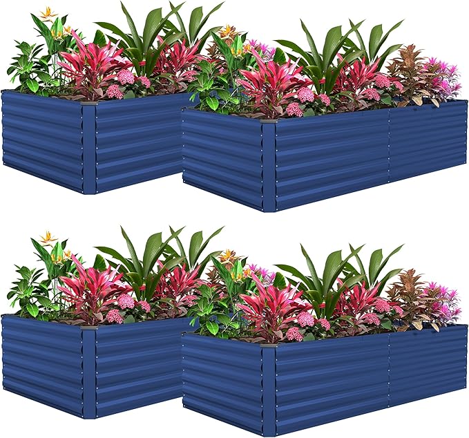 FOOWIN 4pcs 6x3x2ft Galvanized Raised Garden Bed, Planter Raised Garden Boxes Outdoor, Large Metal Raised Beds for Gardening, Garden Bed for Vegetables, Flowers, Herb,269 Gallon Capacity, Royal Blue