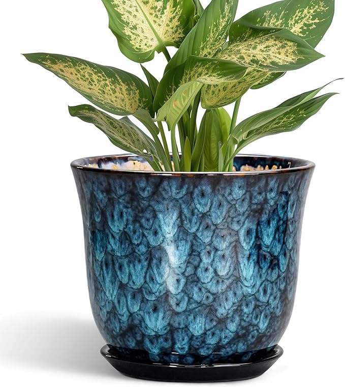 5.6 Inch Plant Pot - Ceramic Pots for Plants with Drainage Hole and Saucer, Round Succulent Flower Orchid Pot for Indoor Outdoor, Modern Planter, Home Room Decor, Gift for Plant Lover, Blue