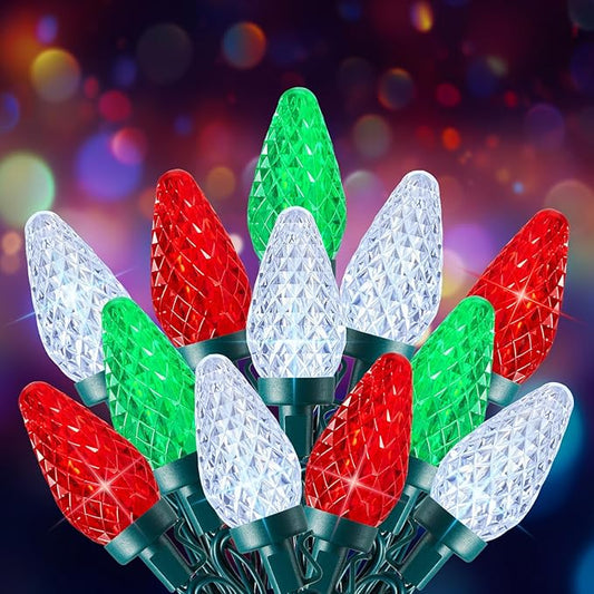 C9 Christmas Lights Outdoor, 66 FT 100 LED Connectable C9 String Lights with 8 Modes and Timer Xmas Tree Patio Roofline Garden Yard Holiday Party Indoor Outdoor Decoration, Red, Green and White