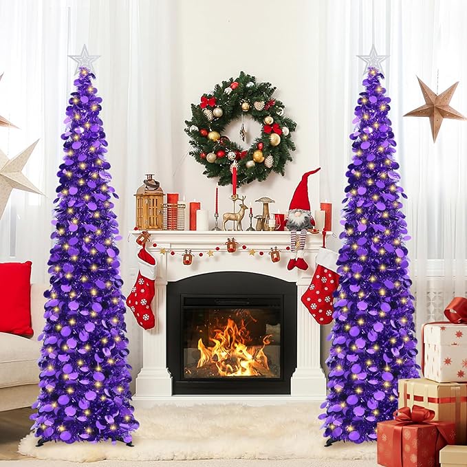 HMASYO 6 FT Pop Up Christmas Tree with 100 LED Lights & Remote, Purple Christmas Tinsel Tree, Collapsible Artificial Pencil Tree for Home Office Party Decor, USB Powered Timer Lights, Easy Assembly