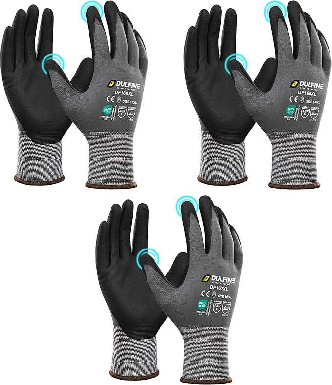 DULFINE Safety Work Gloves MicroFoam Nitrile Coated-3 Pairs Pack,Seamless Knit Nylon Glove with Black Micro-Foam Nitrile Grip,Ideal for General Purpose,Automotive,Home Improvement,Painting(Medium)