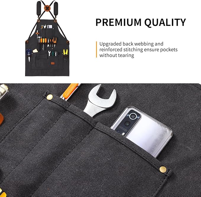 Aprons for Men, Heavy Duty Canvas Tool Apron, With multi Tool Pockets, Adjustable S to XXXL Cross Back Apron, Workshop & Woodworking Apron, Utility Work Aprons for Men
