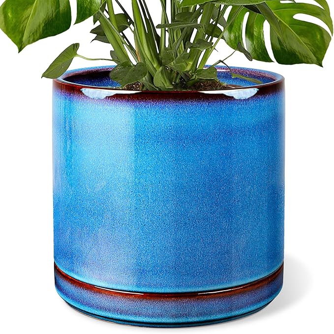 EFISPSS 10 Inch Plant Pot, Ceramic Large Planter for Outdoor Plants, Plant Pots with Drainage Hole and Saucers, Modern Flower Pot for Home Garden Patio Office - Blue