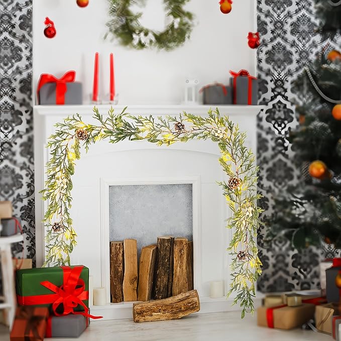6FT Snow Cedar Pine Garland,Prelit Christmas Garland with Timer,Realistic Garlands Battery Operated for Winter Holiday Outdoor Staircase Decorations 20LED