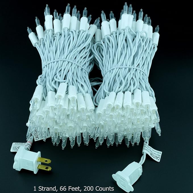 YULETIME 200 Warm White LED Christmas Lights, 66 Feet White Wire UL Certified Commercial Grade Holiday String Light Set