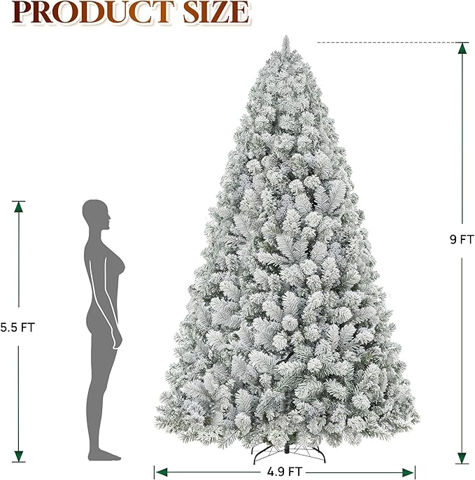 HOLLO STAR 9 ft Flocked Prelit Christmas Tree with 753 LED Lights, App Control, Artificial Christmas Tree, Multi-Color RGBW Lights, 2100 Branch Tips, Snow Xmas Tree, for Home, Party