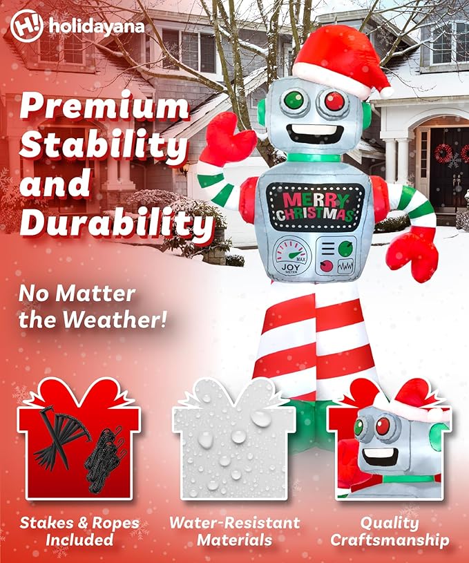 Holidayana 6 ft Christmas Inflatable Robot Yard Decoration - 6 ft Tall Lawn Decoration, Bright Internal Lights, Built-in Fan, and Included Stakes and Ropes