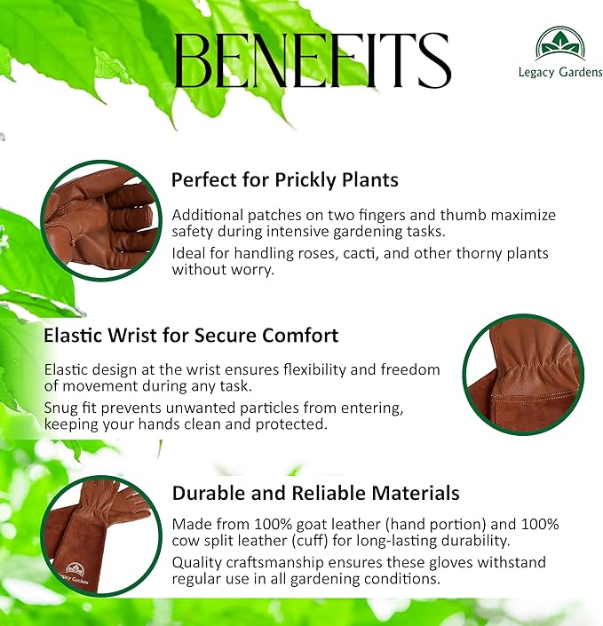 Leather Gardening Gloves for Women & Men, Long Garden Gloves, Cowhide Gauntlet Rose Pruning Thorn Resistant, Forearm Protection, Large, Brown