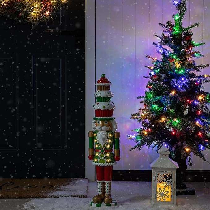 Glitzhome 28''H Lighted Resin Christmas Nutcracker with Cupcake Hat Porch Decor with Timer, Xmas Winter Patio Front Porch Indoor Outdoor Home Standing Decor