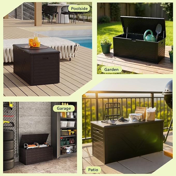 Outdoor Storage Box, 260 Gallon Deck Box Outdoor Storage Bench Outside Waterproof Resin Storage Bench, Lockable Patio Cushions, Garden Tools Storage For Furniture, UV Resistant(Black)