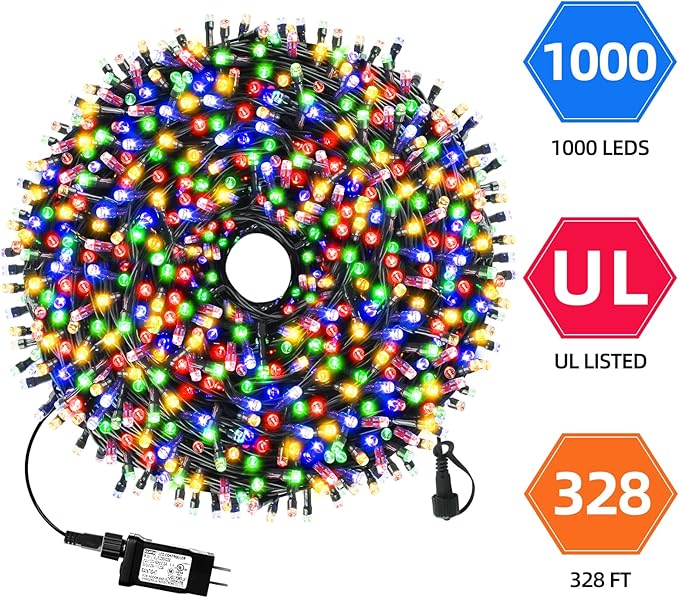 328FT 1000LEDs Christmas Lights Outdoor Indoor 8 Modes for Christmas Tree Party Decoration, 100% UL Listed (Multicolor)