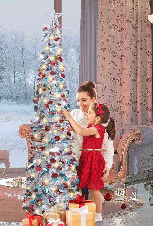HMASYO 5 FT Pop Up Christmas Tree with Timer Lights, Silver Christmas Tinsel Tree, Collapsible Artificial Pencil Christmas Tree for Indoor Home Apartment Porch Holiday Party Decorations