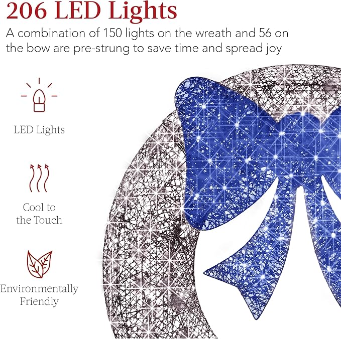 Best Choice Products 60in Pre-Lit Outdoor Christmas Wreath Decoration, LED Metal Holiday Decor for Home Exterior, Garden w/ 206 Lights, Bow - Hanukkah Silver/Blue