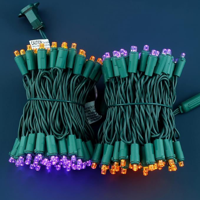 YULETIME Orange and Purple Wide Angle LED Christmas Lights 200 Count 50 ft, Pack of 2 Strands 25 ft 100 Lights UL Certified String Light Set (Orange & Purple)