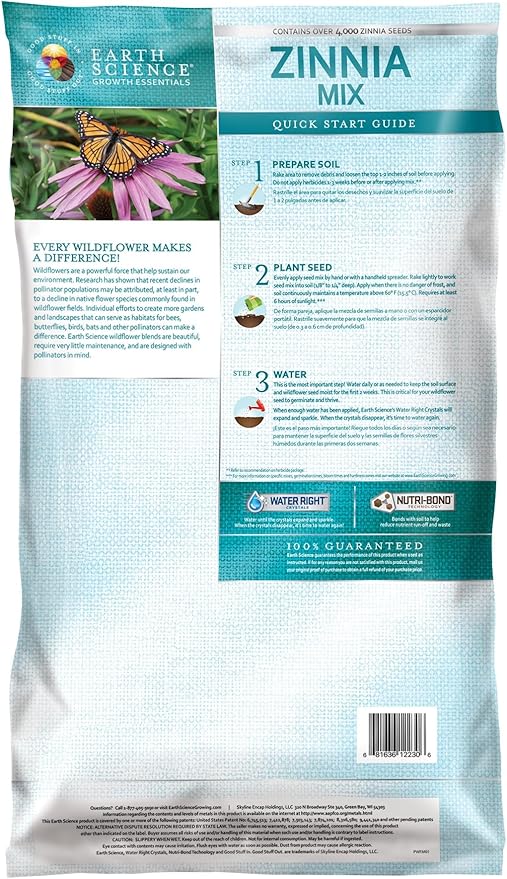 Earth Science Zinnia Wildflower Mix—6lb – 3-in-1 Seeds Plant Food & Soil Conditioner – Non-GMO Vibrant Blooming Flowers for Gardens Low Maintenance Attracts Pollinators – Covers 600 Sq Ft Eco-Friendly