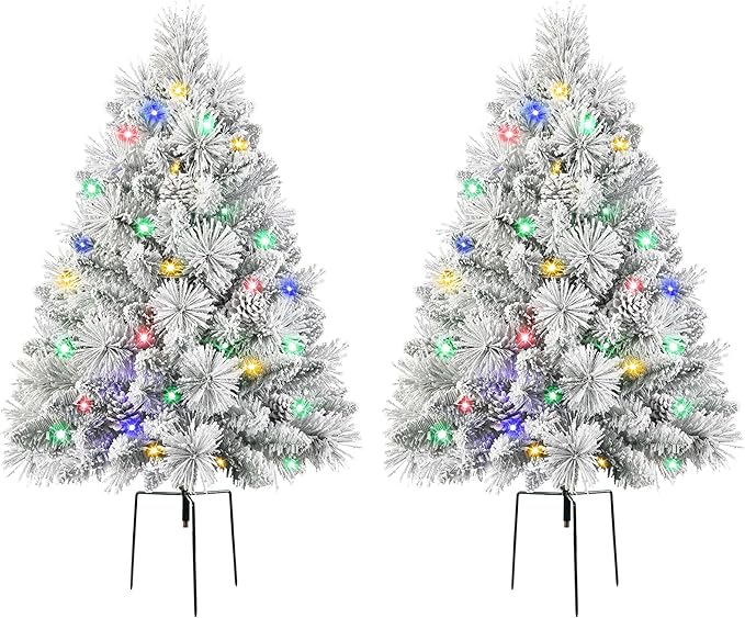 Set of 2 30 Inch Lighted Flocked Outdoor Christmas Tree with Multi-Color Lights, Timer, Battery Operated Pre-lit Scotch Pine Pathway Urn Filler with Pine Cones for Pathway & Porch& Yard Decorations