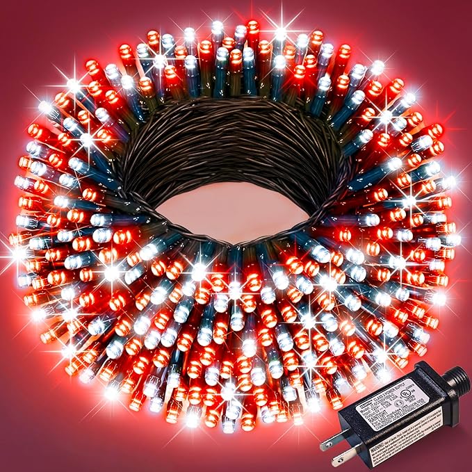 100FT 300 LED Christmas Lights Outdoor, Plug in Christmas Tree Lights with 8 Modes Waterproof, Green Wire Twinkle Tree Lights for Indoor Patio Garden Party Holiday Decorations, Red White