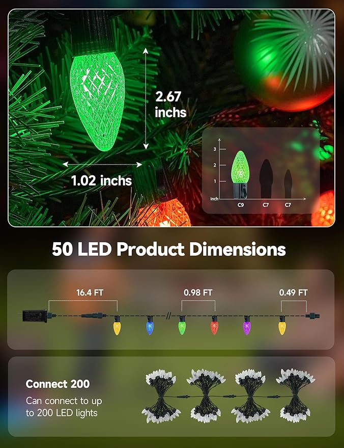 Minetom Smart C9 Christmas Lights Outdoor, 50 LED 65FT Christmas Color Changing Fairy Lights App Control, Music Sync, 105 Preset Modes, Connectable RGB C9 String Lights for House Indoor Xmas Decor