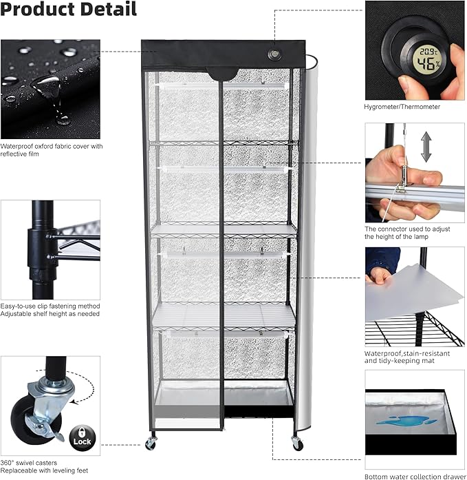 WORTH Mini Greenhouse with LED Grow Lights & Digital Thermo-Hygrometer – Portable Indoor Plant Grow Tent with Oxford Fabric Cover, Adjustable Shelves, Casters & Ventilation Flaps for Seed Starting