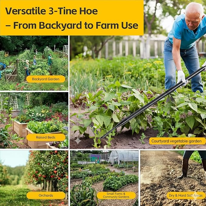 65'' Hoe and Cultivator Garden Tool - 2 in 1 Heavy Duty Garden Hoe for Weeding,Soil Loosening,Sharp Blade,Long Handle Claw 3-Tine Hand Tiller Rake for Gardening