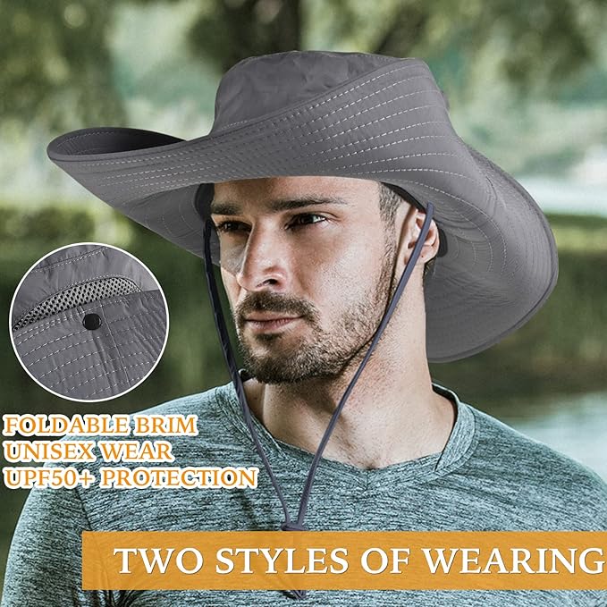 Wide Brim Fishing Sun Hat for Men Women, UPF 50+ Waterproof Bucket Boonie Hat Hiking Camping Safari Garden Beach