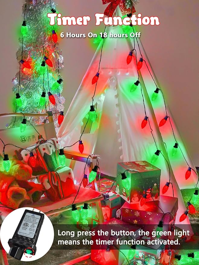 2-Pack Connectable C9 Christmas Lights Outdoor Indoor, 66 FT 100 LED Christmas String Lights Plug in with 8 Modes & Timer, Waterproof Fairy Twinkle Light for Xmas Tree Yard Decorations (Red and Green)