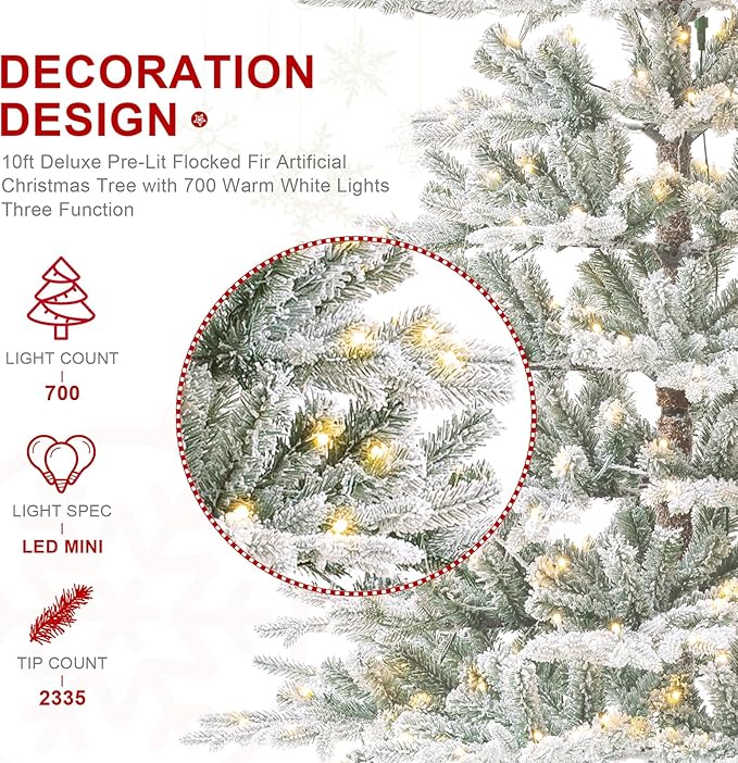 Glitzhome 10ft Deluxe Pre-Lit Flocked Artificial Christmas Tree, Majestic Frostfall Fir Hinged Holiday Xmas Tree with 700 Warm White Lights, Three Function, Easy Assembly