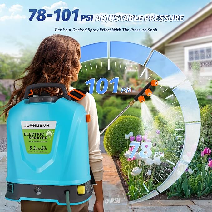 LANUEVA 5.28 Gal/20L Battery Powered Sprayer with Mixing System, 78-101 PSI Adjustable Electric Backpack Sprayer with Six Mist Nozzles&Telescopic Wand, Weed Sprayer for Lawn Garden Home Cleaning