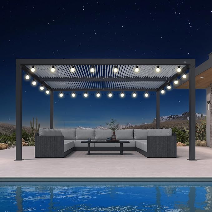 PURPLE LEAF Louvered Pergola 12' x 14' Outdoor Aluminum Pergola with Hidden Drainage System and Adjustable Sun Shade Roof Patio Hardtop Large Pergolas with String Lights for Patio Dining Backyard