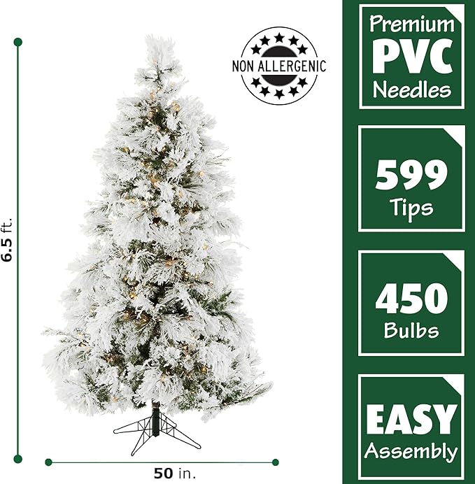 Fraser Hill Farm 6.5-Ft. Snowy Pine Flocked Artificial Christmas Tree with White Incandescent Smart Lights and Stand, Prelit Foldable Fake Tree with Realistic Foliage for Home Decoration