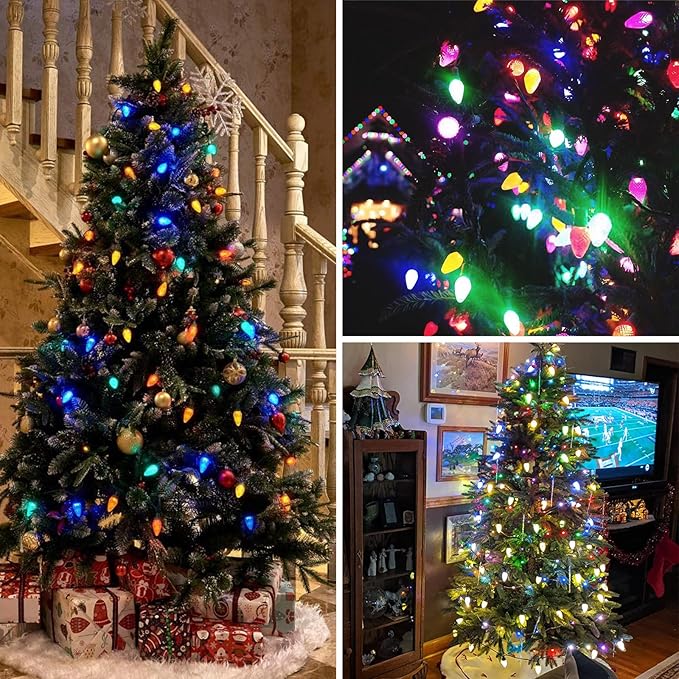 KAQ 2PK 100LED Multicolor C9 Christmas Lights Waterproof Indoor Outdoor, Extendable 98FT String Lights Plug in with 13 Lighting Modes, Christmas Decorations for Party Patio, Xmas Outside Yard Decor