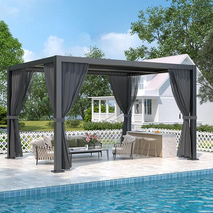LVUYOYO Outdoor Louvered Pergola 10' x 13', Aluminum Pergola with Adjustable Roof, Waterproof Metal Gazebo with Curtains and Netting for Patio, Backyard, Garden, Deck (Black)