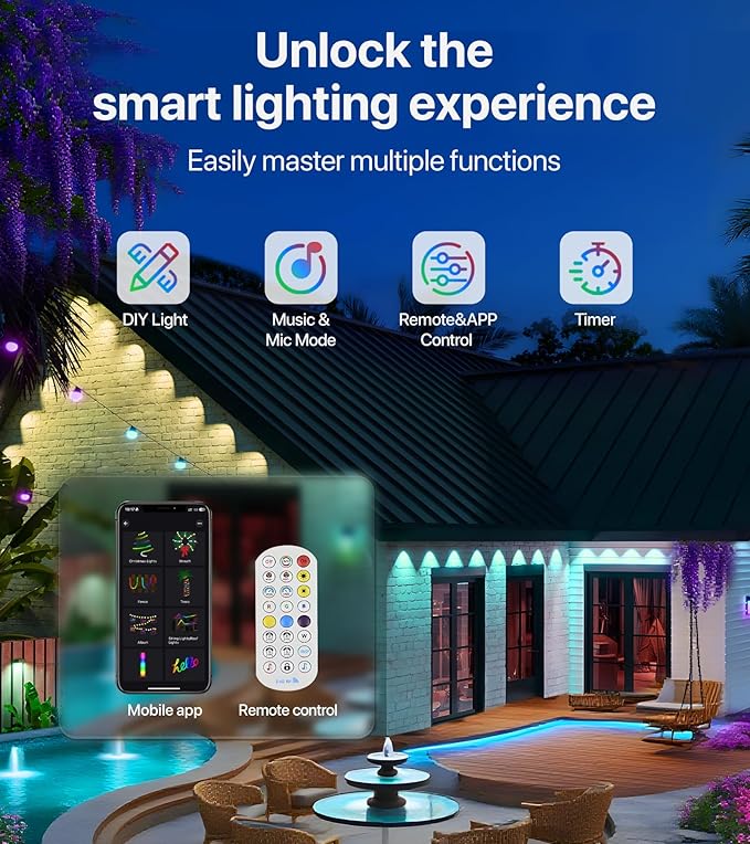 Permanent Outdoor Lights-200FT RGB+IC LED House Eave Light with Smart APP & Remote Control,120 LED Lights,72 Scene Modes, IP65 Waterproof String Lights for Christmas,Yard Decorations