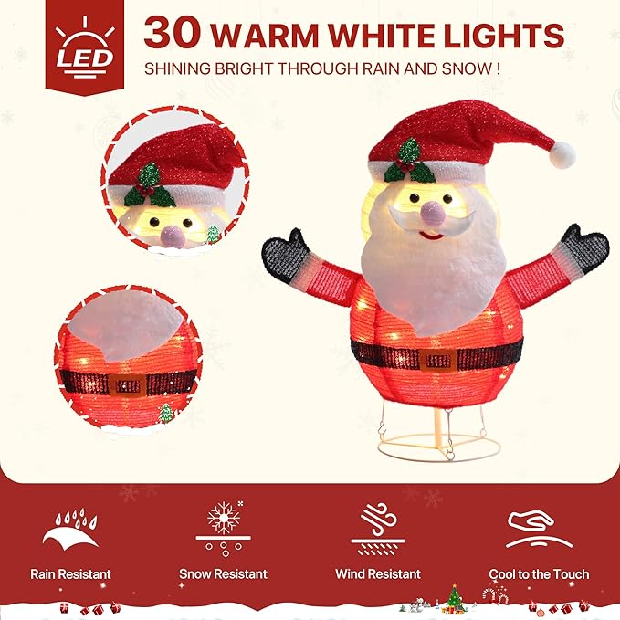 GENIMO Santa Claus Outdoor Christmas Decorations, 30 Lights Pop-up Lighted Warm White Light Pre-Lit Santa for Holiday Decor Outside Indoor Home Lawn Yard Garden Patio Stakes(24 in)
