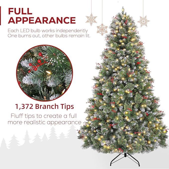 Hykolity 7.5 ft Prelit Snow Flocked Christmas Tree, Partially Frosted Xmas Pine Tree with Red Berries, 350 Warm White Lights, 1372 PVC Branch Tips, Metal Stand and Hinged Branches